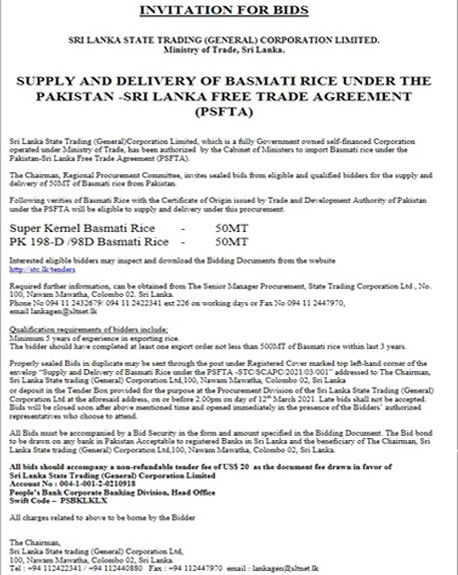 Invitation for Bids – Supply and Delivery of Basmati Rice from Pakistan under FTA