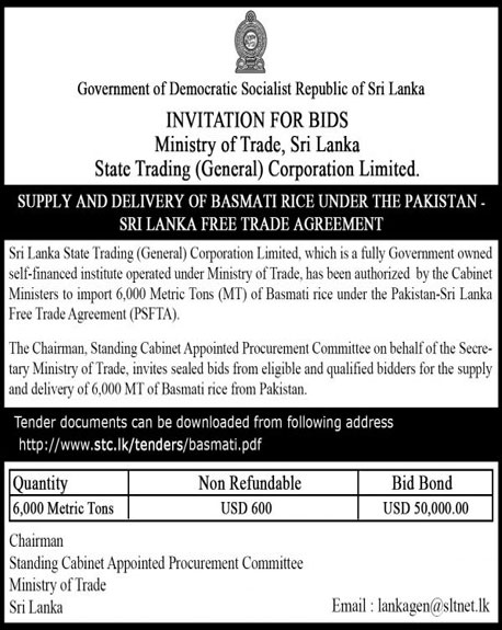 Tender – Supply And Delivery Of Basmati Rice Under The Pakistan Sri Lanka Free Trade Agreement (PSLFTA)