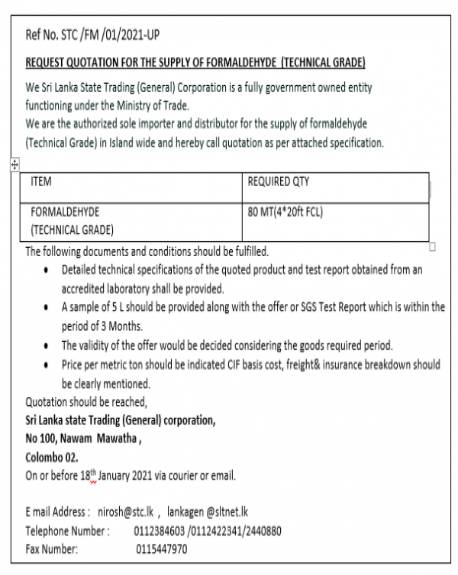 07/01/2021 – Invitation for Bids – Formaldehyde Technical Grade